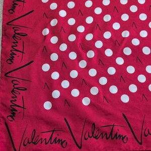 Valentino Silk Red/w White Dots and Black V's Scarf 33.25" x 34"